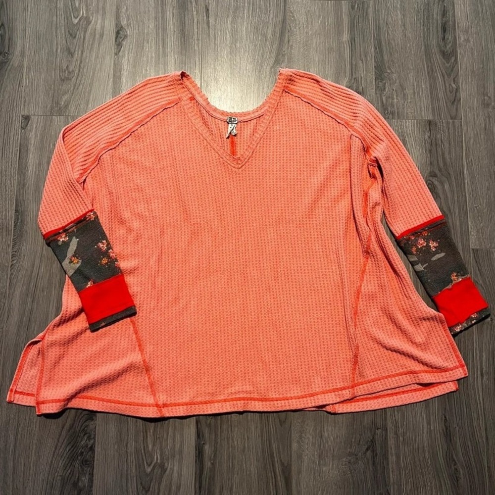 Free People Lovin Leopard Coral Pink Waffle Knit Oversized Thermal Top